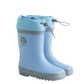 Grubbybub kids gumboots are a good splash above your regular gumboot. Front view with logo and pull string toggles in our blue clear skies colour