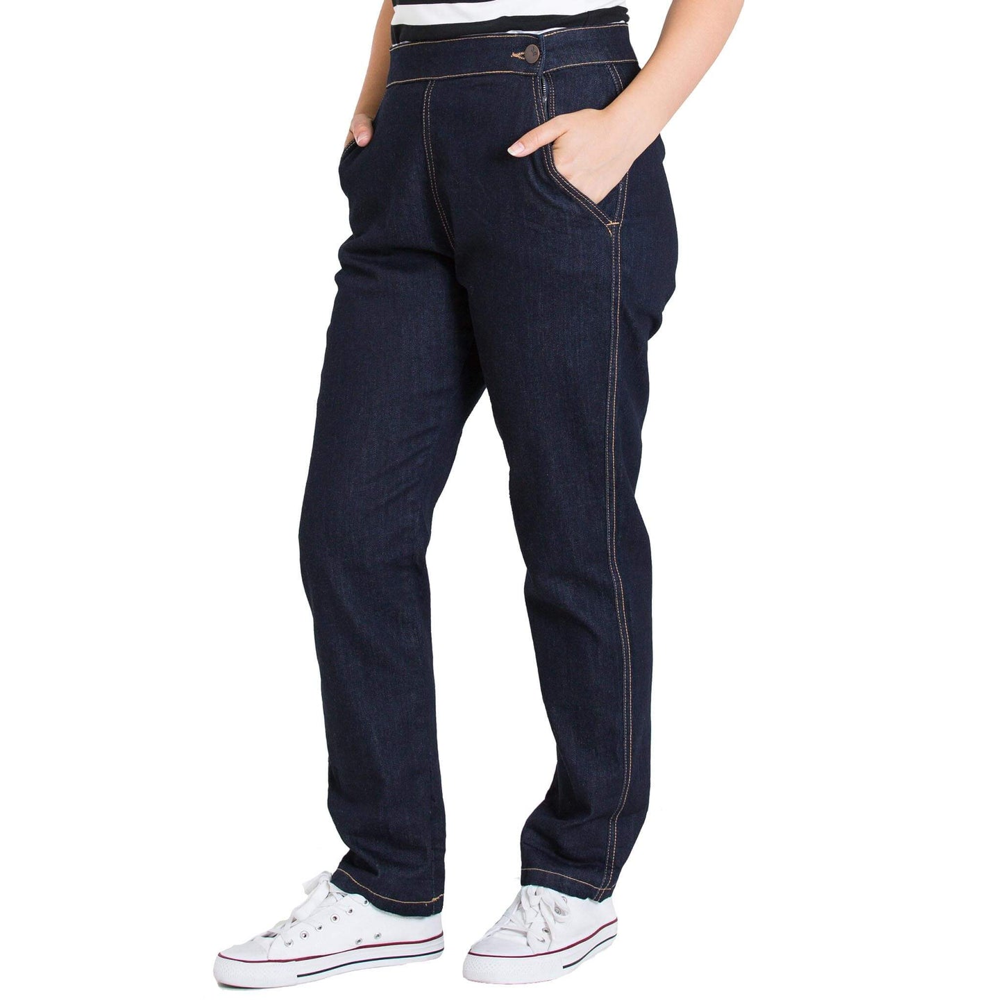 Hell Bunny Charlie Denim Capris/Jeans - Navy Blue - model side unrolled