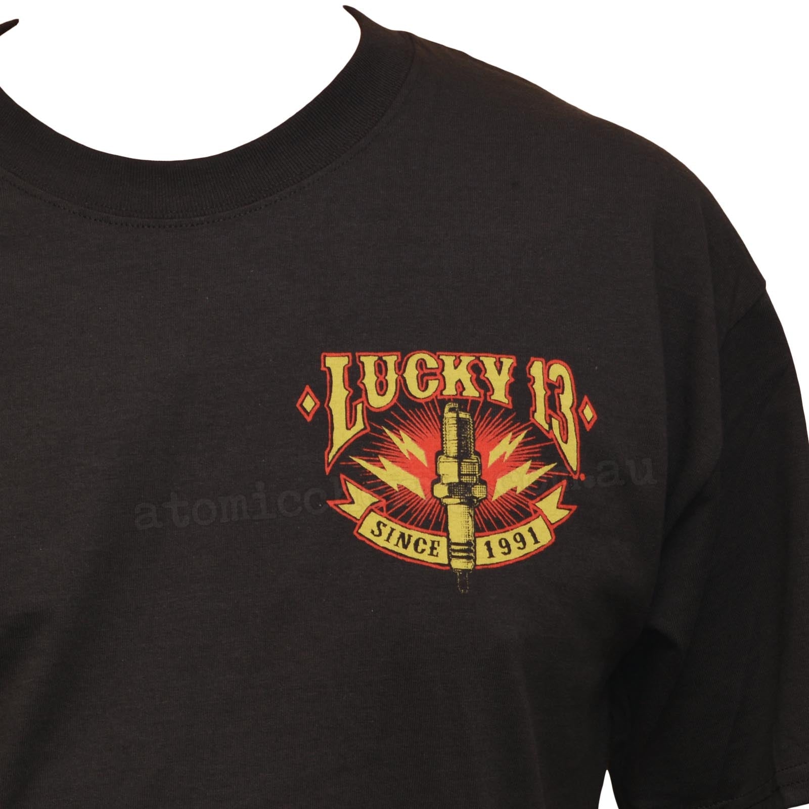 Front of lucky 13 Amped t-shirt