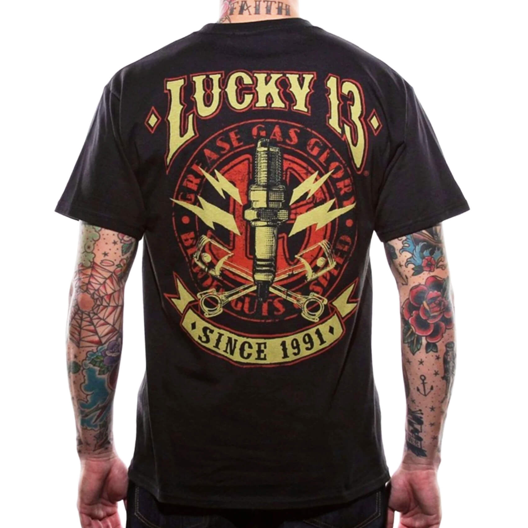 Lucky 13 Men&#039;s Retro T-Shirt - Amped back view full