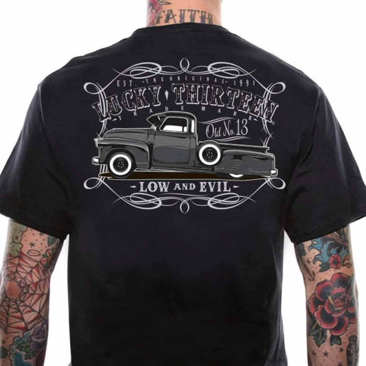&quot;Dragger&quot; classic pickup truck design in two-tone grey with pinstriping and the test &quot;Lucky Thirteen, Old No. 13, Low and Evil&quot;