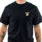 Front view of a black lucky 13 t-shirt with a small pocket print of a skull and lucky 13 logo