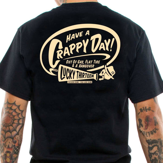 A black t-shirt with a back print of &quot;Crappy Day&quot; Motif