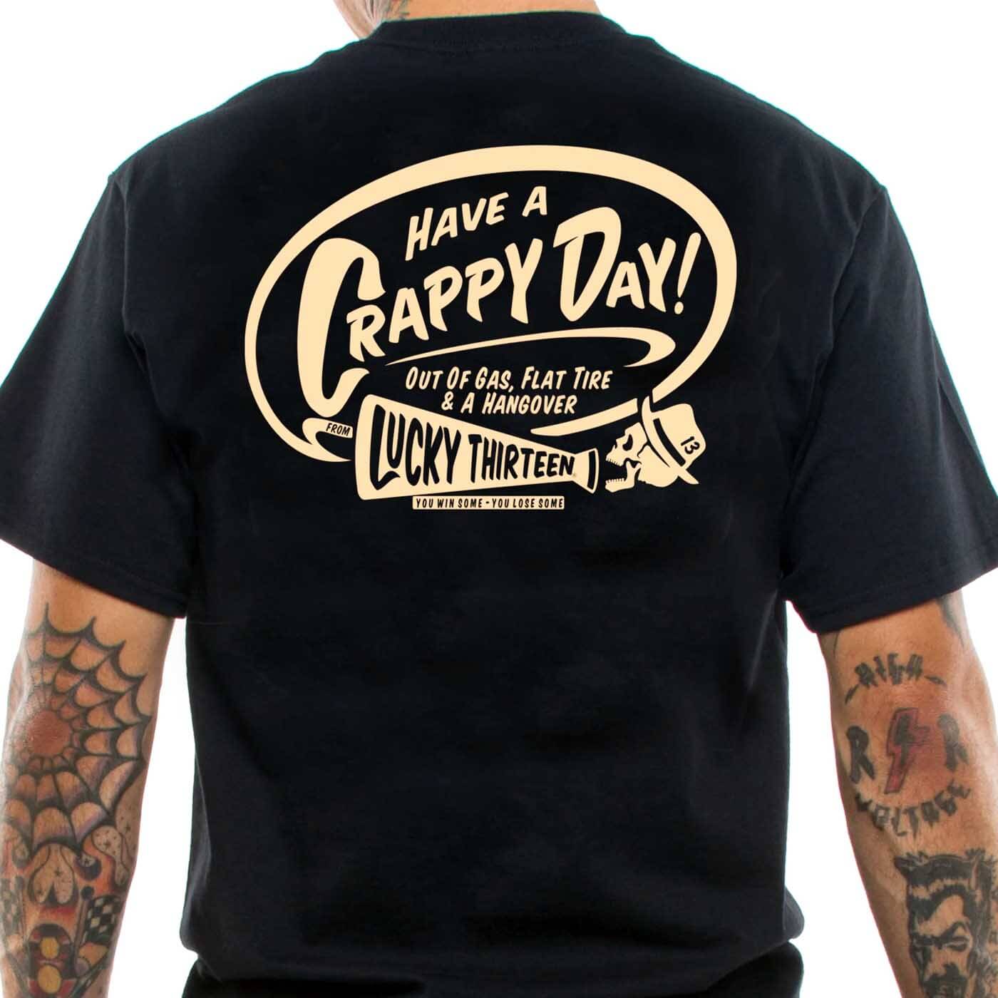 A black t-shirt with a back print of &quot;Crappy Day&quot; Motif