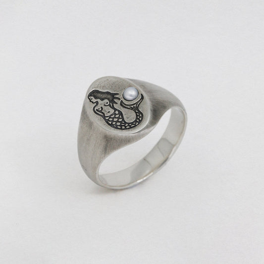 Silver Mermaid Signet Ring with Pearl 