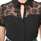 Close up inage of the front of a black button up top with lace shoulder and sleeves with a tie up at neck